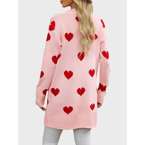 Women's Heart Knit Cardigan Sweater V Neck Pockets Casual Spring Fall Winter - Picture 2 of 6